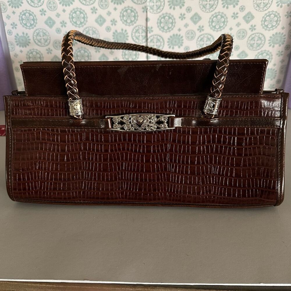 Dark Brown animal‎ print leather shoulder bag silver accents braided handles